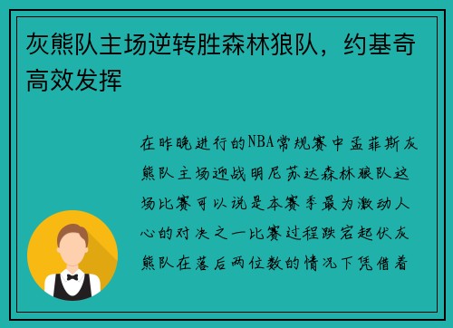 灰熊队主场逆转胜森林狼队，约基奇高效发挥